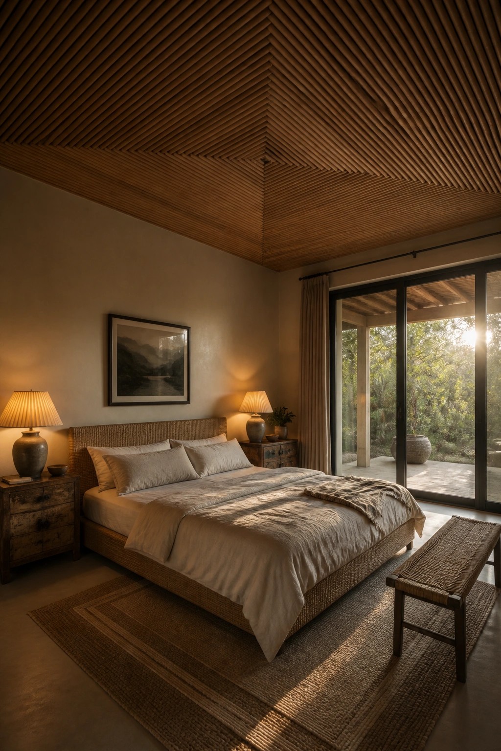 A bedroom interior showing a bed beneath a ceiling of layered wood slats arranged in a large geometric pattern, with glass doors on the right side.