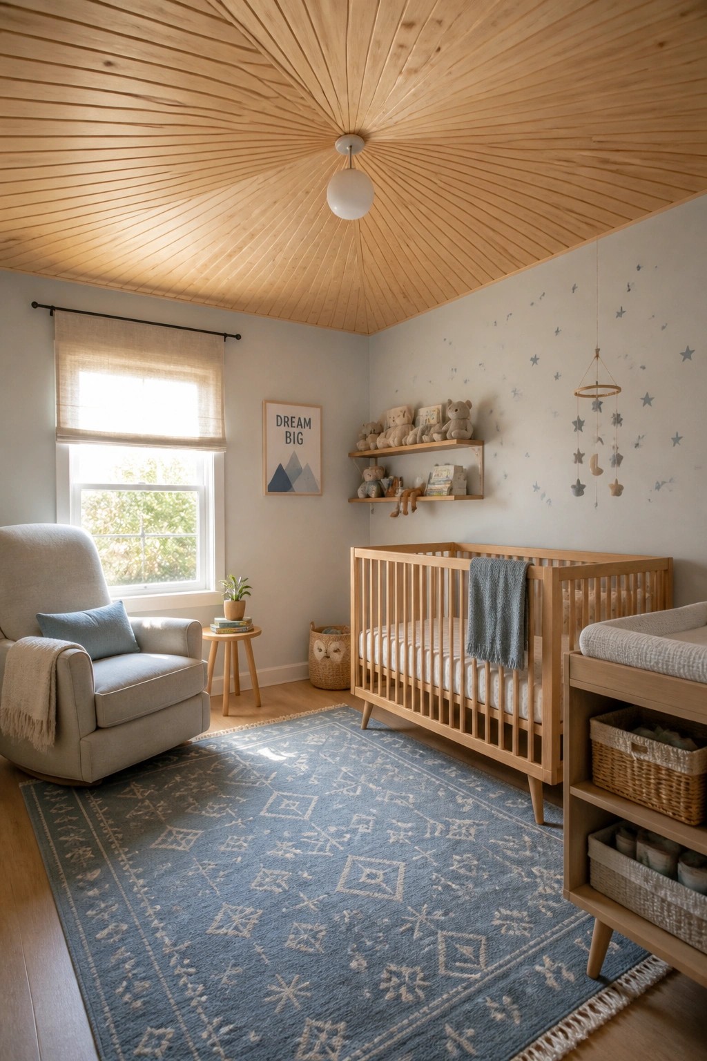 A light-filled nursery with a wood ceiling arranged in a radial geometric pattern, a wooden crib, rocking chair, and blue patterned rug.
