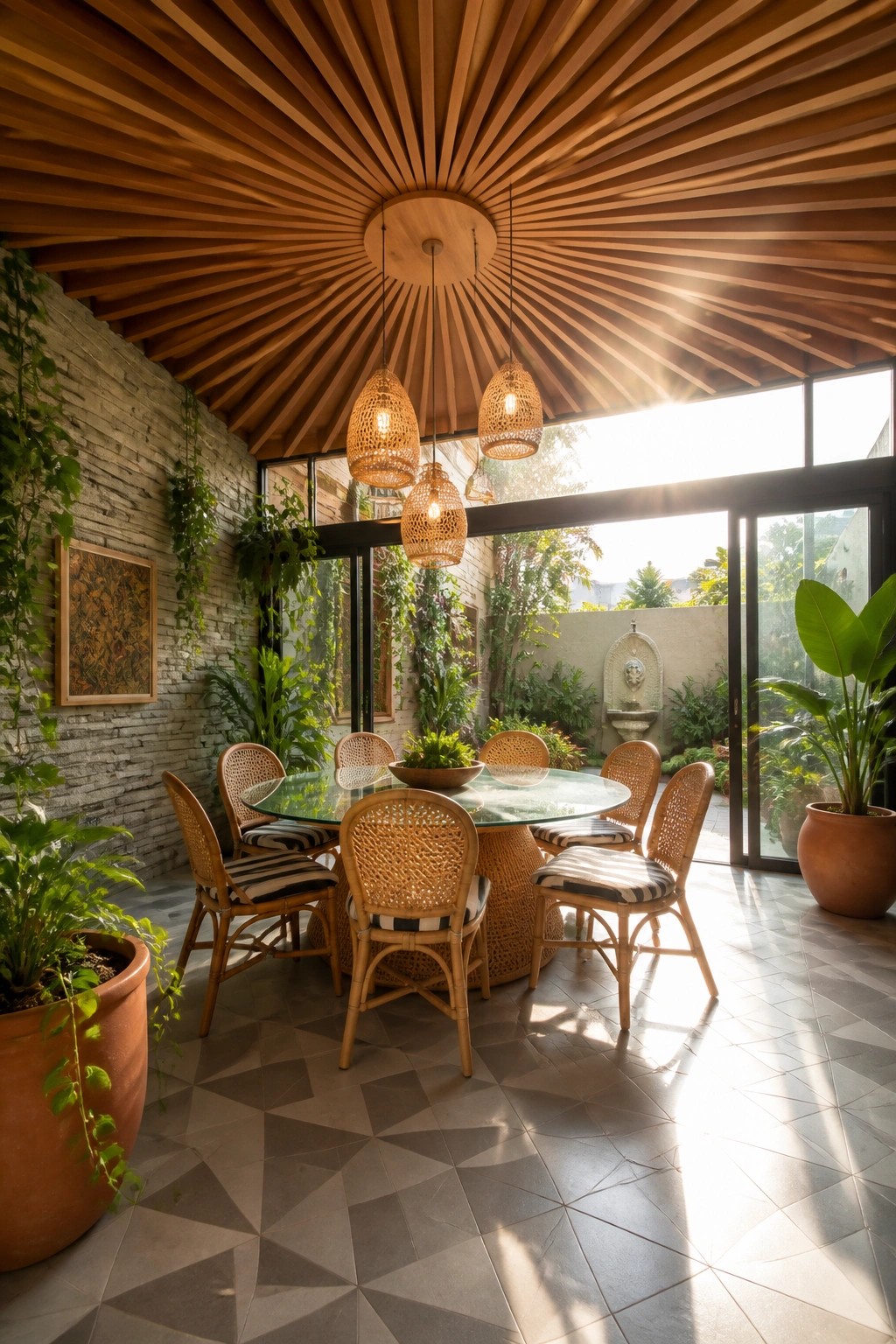 A round glass dining table surrounded by rattan chairs sits beneath a wooden ceiling with radial slats in a room with large glass doors and potted plants.