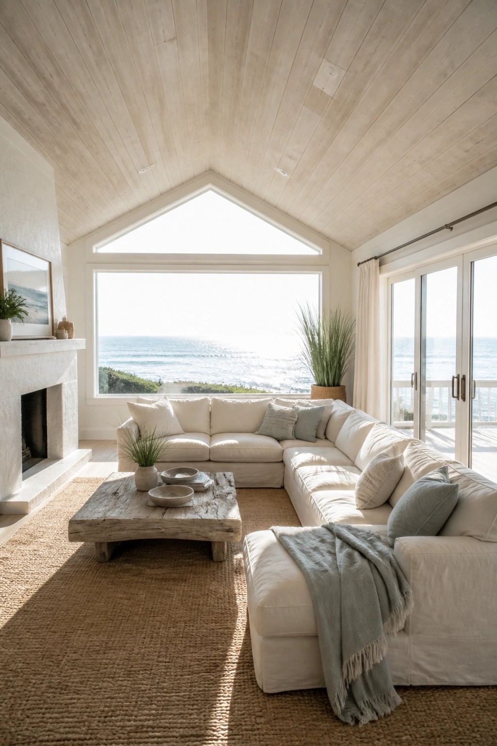 A bright living room with a vaulted ceiling of light wood planks, a large ocean-facing window, and a white sectional sofa on a woven rug.