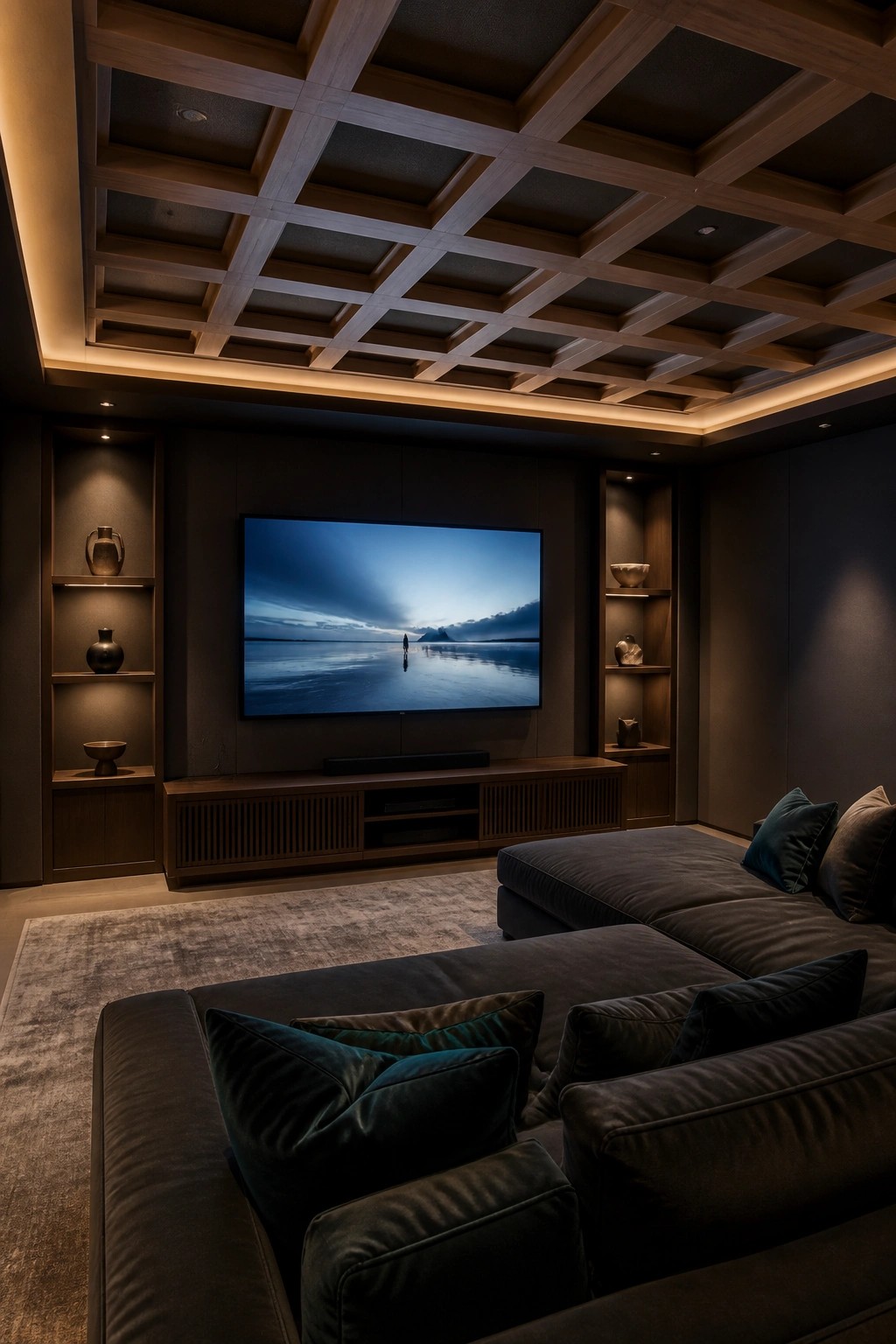 A modern living room with a dark sectional sofa facing a large television mounted on a wood console, flanked by built-in shelves, under a geometric wood grid ceiling with warm cove lighting.