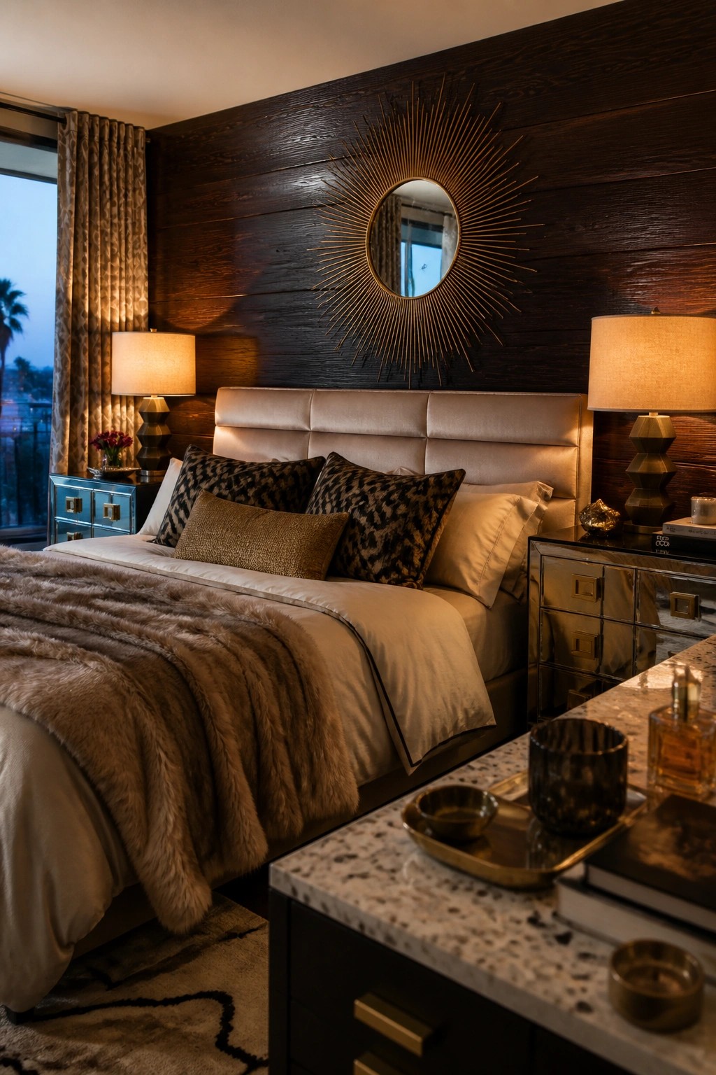 A bedroom with a dark wood paneled accent wall, a round sunburst mirror centered above a bed with a beige upholstered headboard, patterned pillows, and bedside tables with lamps.