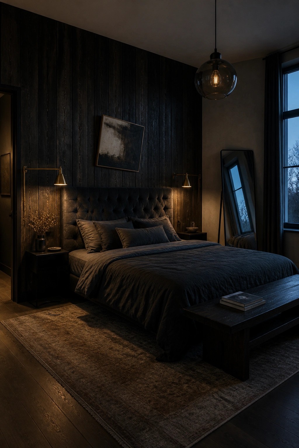 Dark moody bedroom with tufted bed, wooden walls, pendant light, and mirror