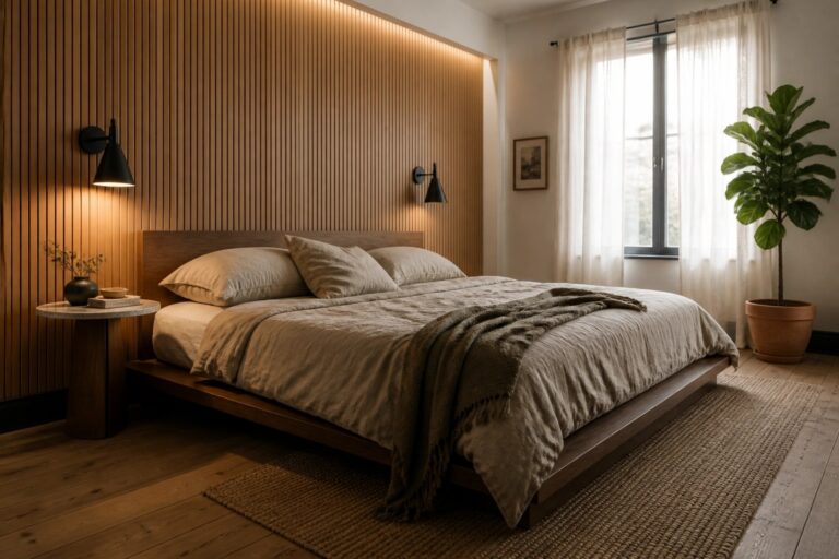 Cozy modern bedroom with wooden bed, neutral linens, slatted wall, and potted plant