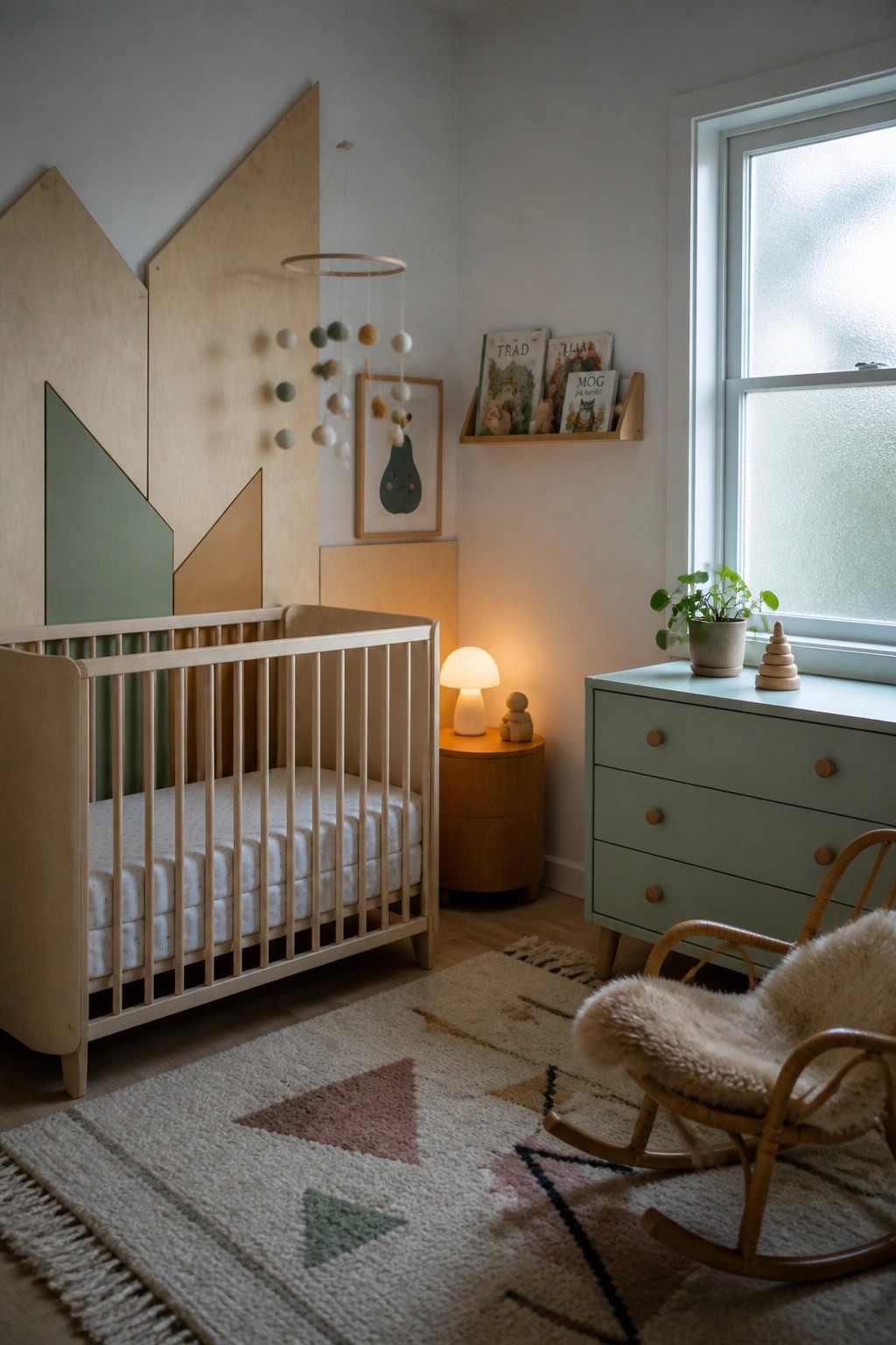 Cozy nursery with wooden crib, rattan rocking chair, mint dresser, and geometric rug.