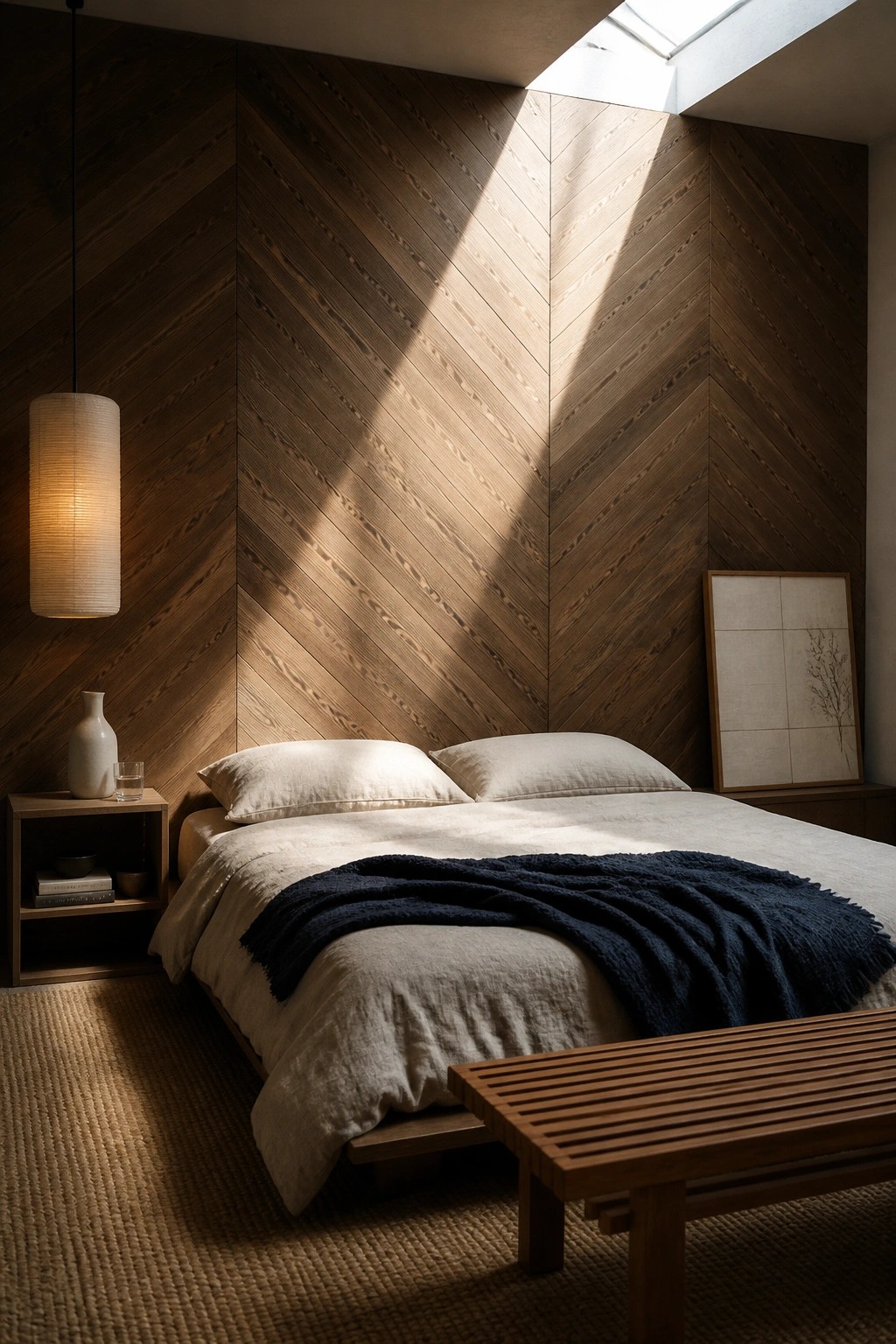 A bedroom featuring a large herringbone wood accent wall behind a low platform bed with white bedding and a dark blue throw, a hanging cylindrical lamp on the left, and sunlight streaming in from a skylight above.