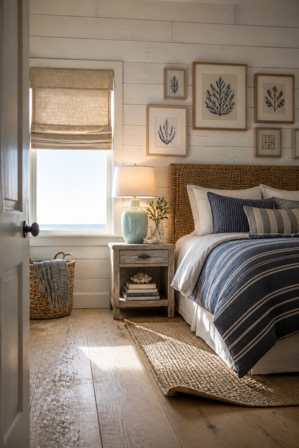 A bedroom with white horizontal wood panel walls, a bed with blue striped bedding and a woven headboard, a nightstand with a lamp, and a window with a woven shade.