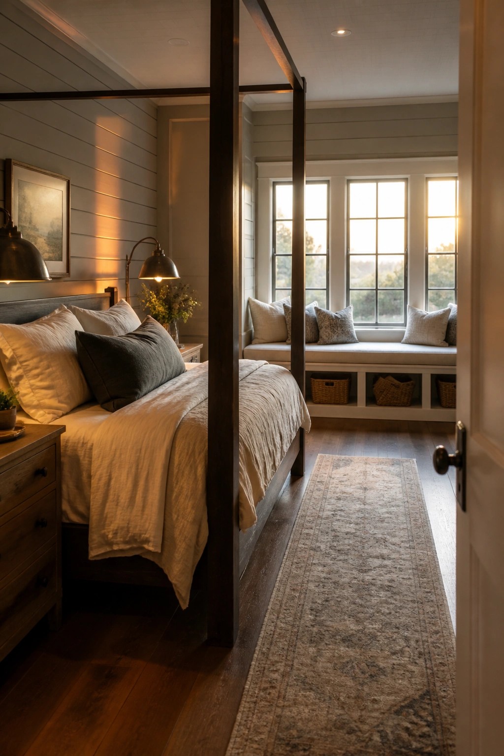 A bedroom interior showing horizontal wood panel walls, a dark four-poster bed with white and gray bedding, a window seat with cushions, and a patterned rug on dark wood floors.