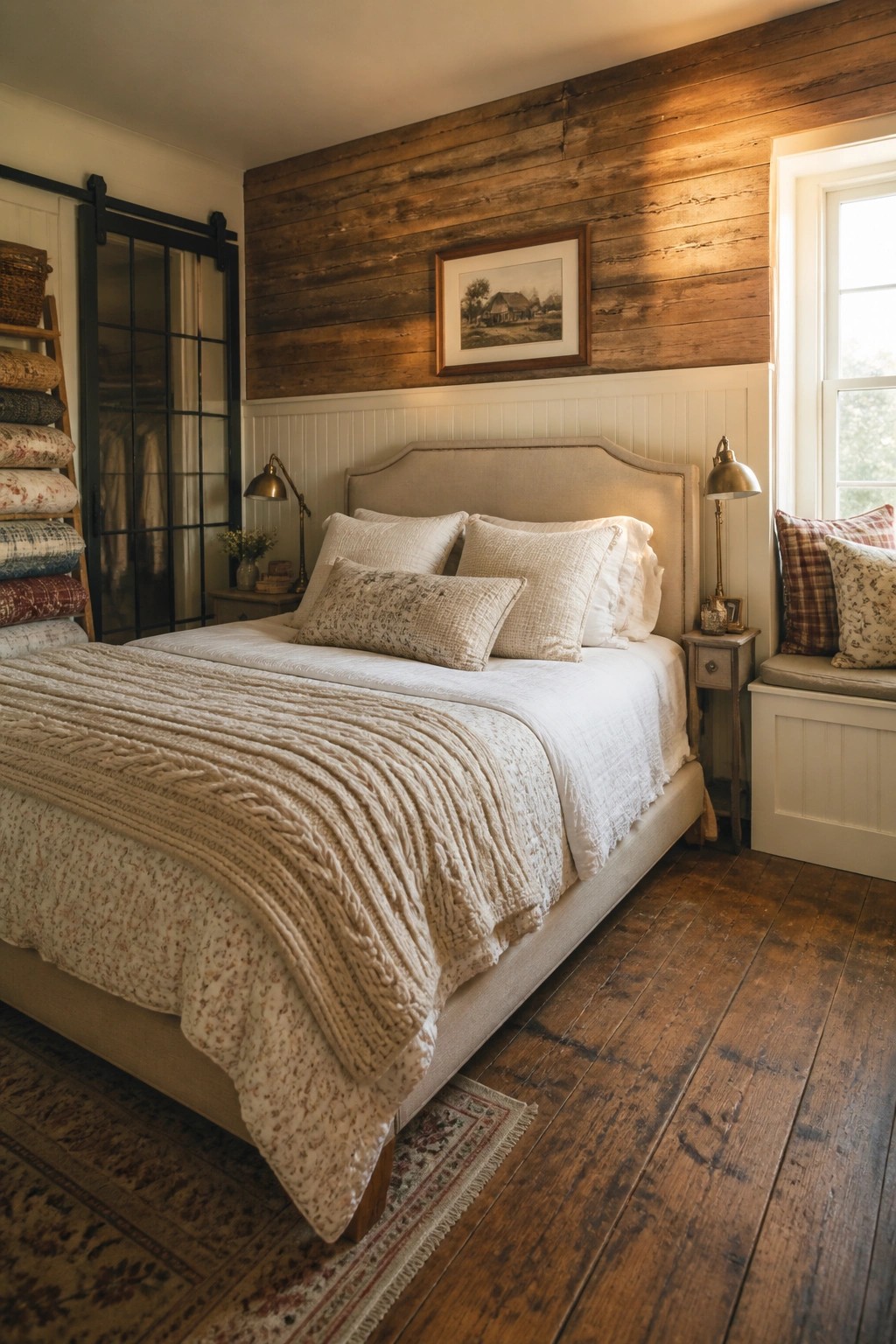 A bedroom with a bed dressed in white and beige linens against a wall with horizontal wooden planks above white beadboard wainscoting, two brass lamps on nightstands, and a window seat on the right.