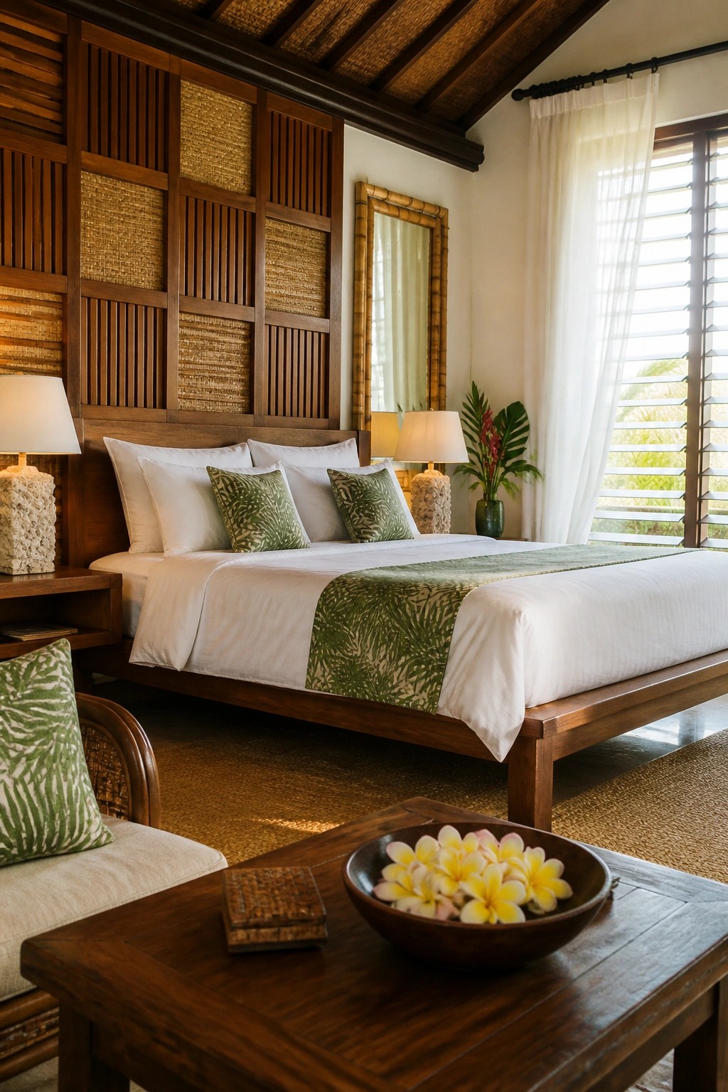 Luxurious tropical bedroom with wooden bed, white linens, green accents, and plumeria flowers.