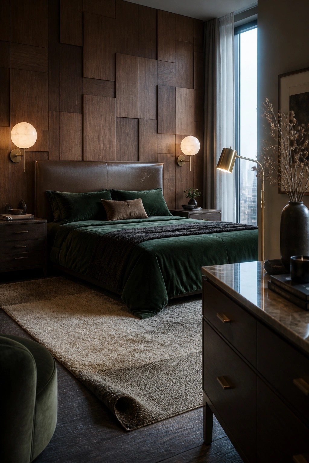 A bedroom featuring a dark wood accent wall made of rectangular panels in varying sizes above a bed dressed in deep green bedding.