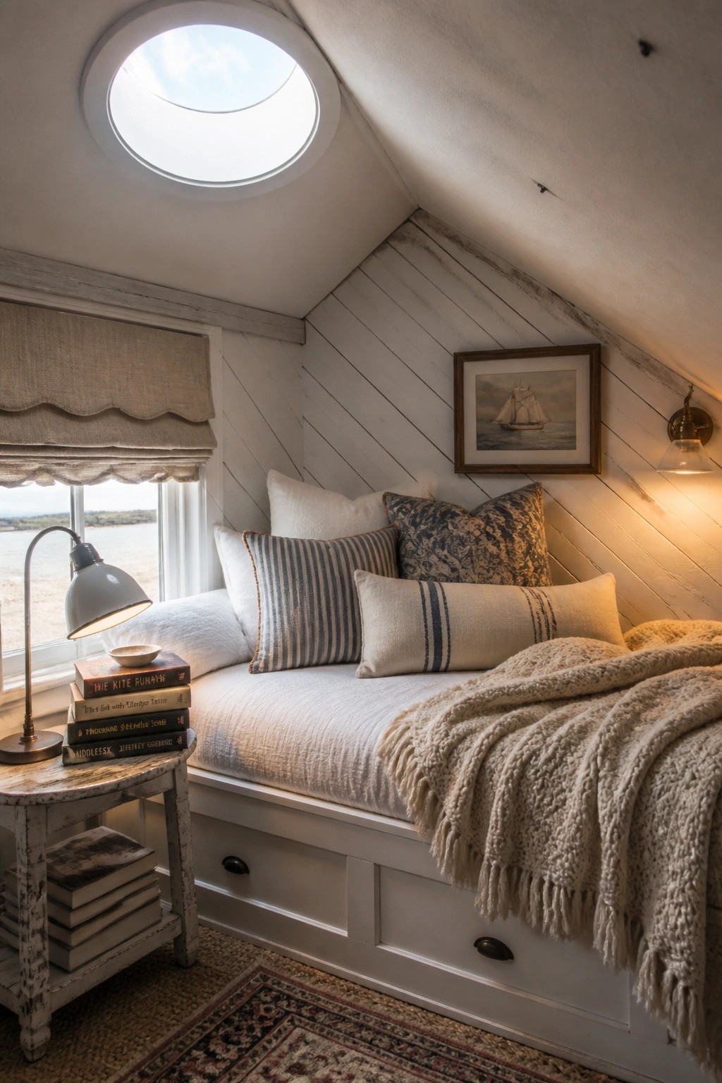 A bedroom with white wood paneling on sloped walls, a built-in daybed under a round skylight, and a window with a rolled shade.