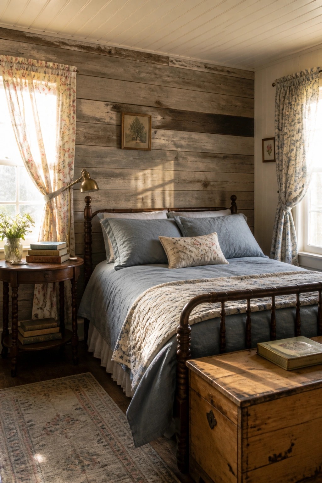 A bedroom featuring a weathered horizontal wood plank wall behind a bed dressed in blue bedding, with a wooden nightstand and chest nearby.