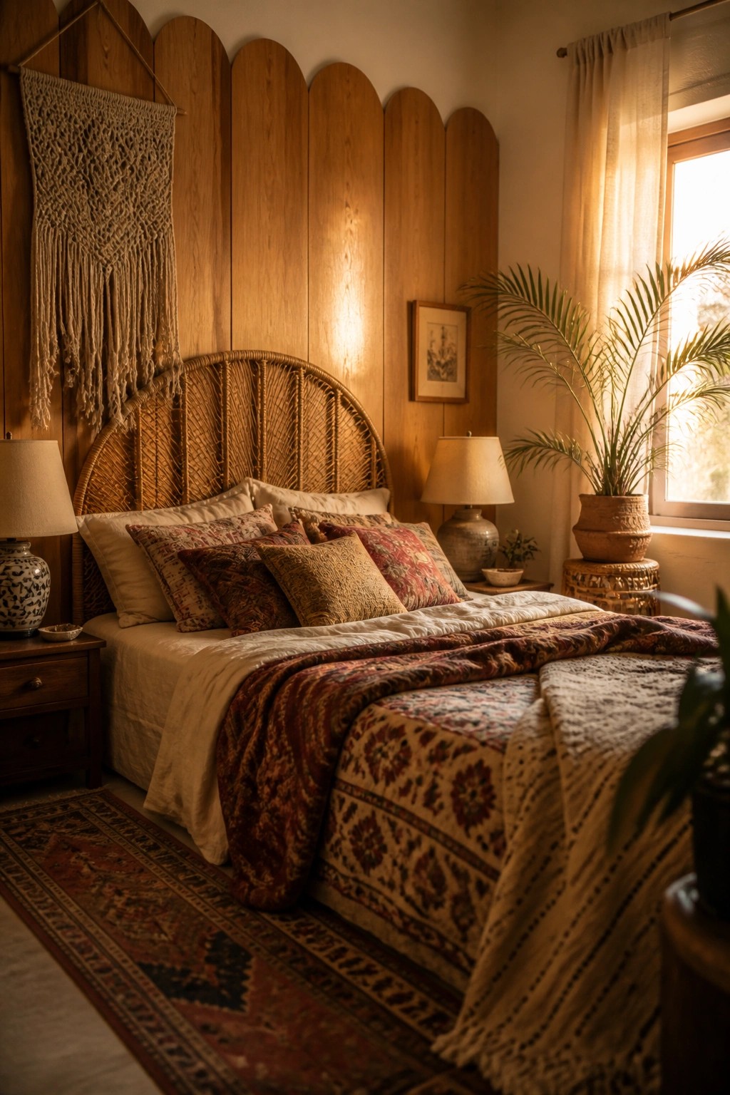 A bedroom with scalloped wood paneling on the wall behind a bed that has a rattan headboard and layered patterned bedding.