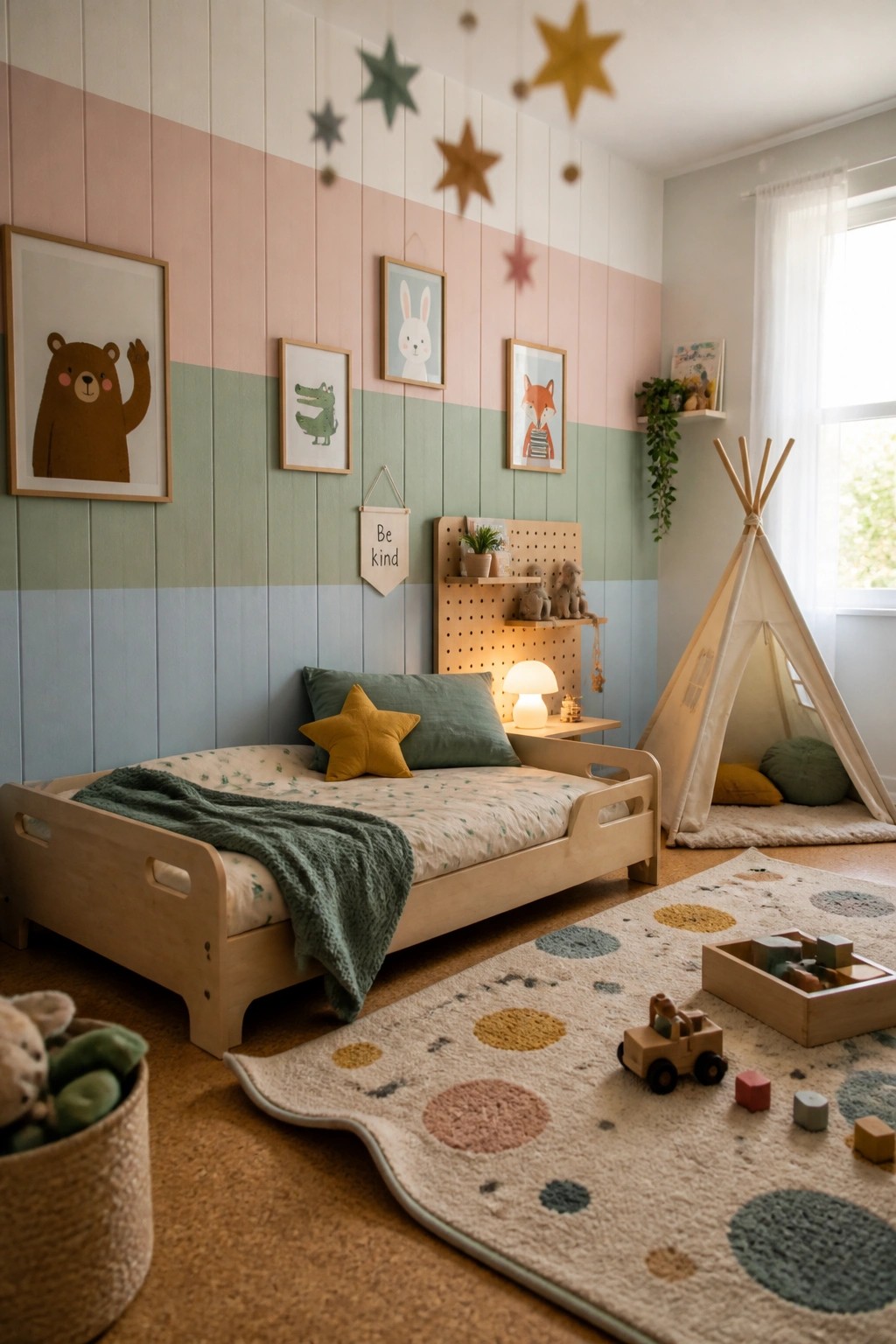 A child's bedroom featuring a low wooden bed against a wall with horizontal wood panels painted in pink, green, and blue stripes, accompanied by framed animal art and a small teepee.