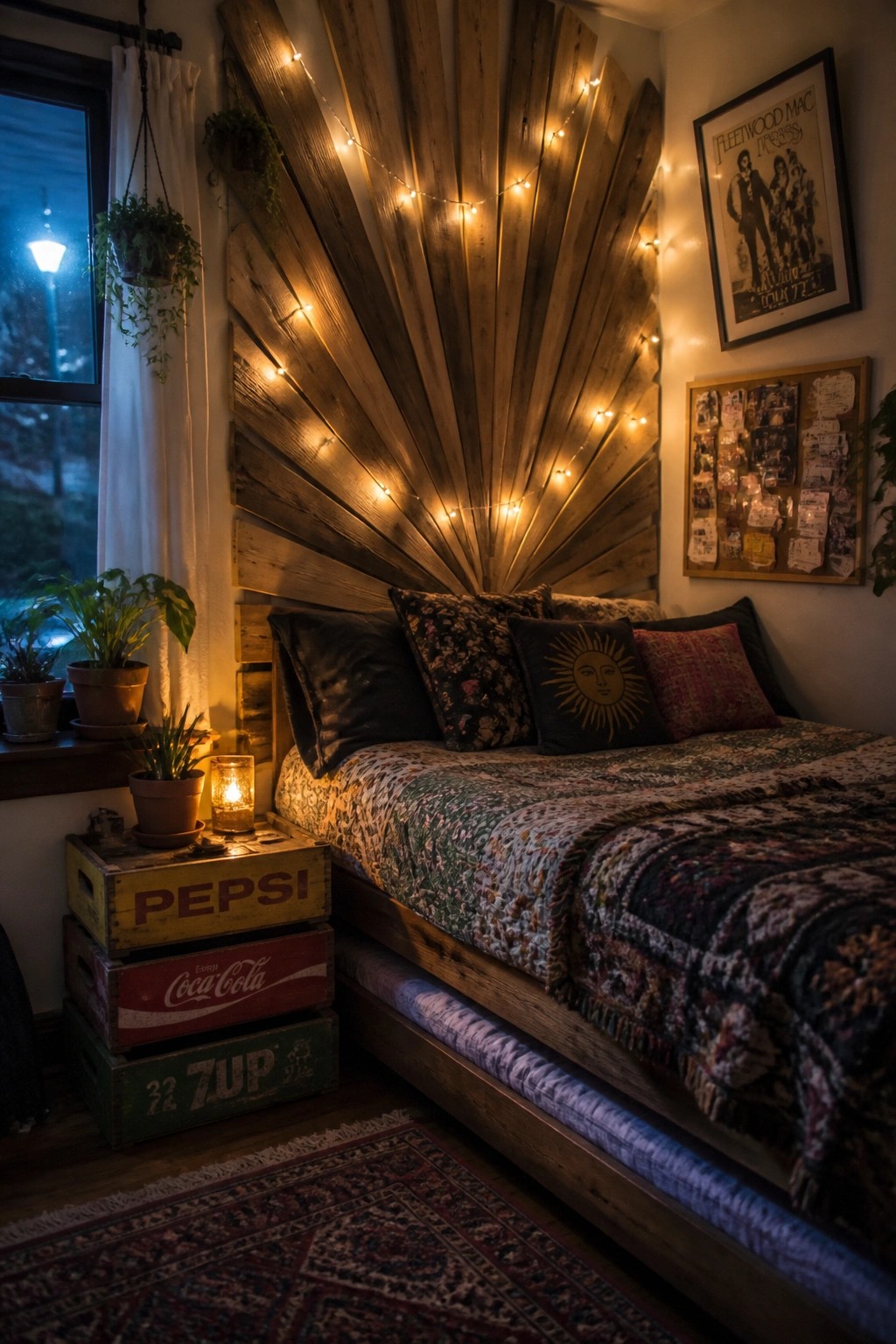 A bedroom featuring a bed set against a wall of wooden planks arranged in a radiating sunburst pattern, with string lights draped across the wood and a patterned quilt on the bed.