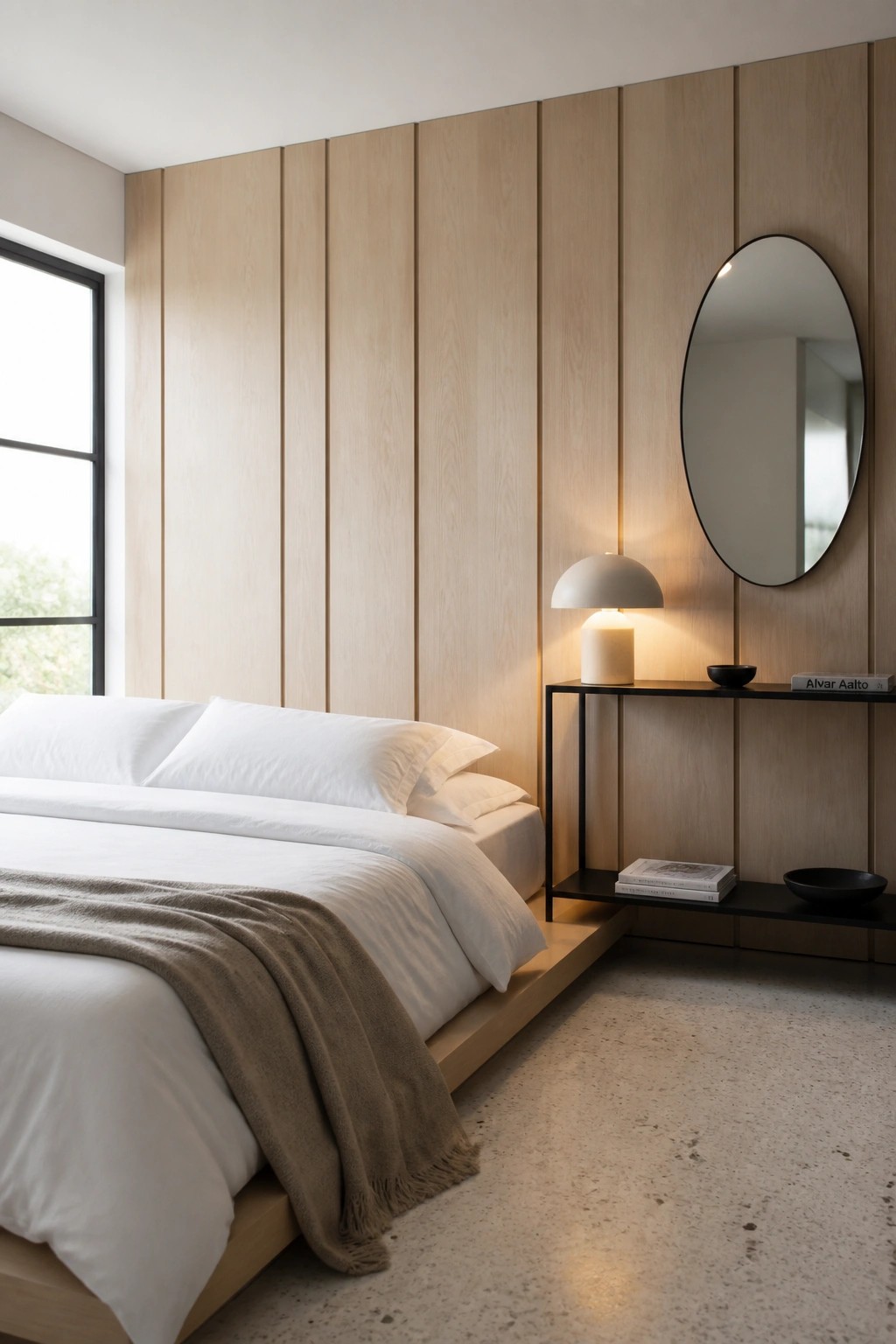 A modern bedroom with a low platform bed dressed in white linens, a beige throw blanket, and a full wall of vertical light wood paneling behind it, with a black console table, round mirror, and dome lamp to the side.