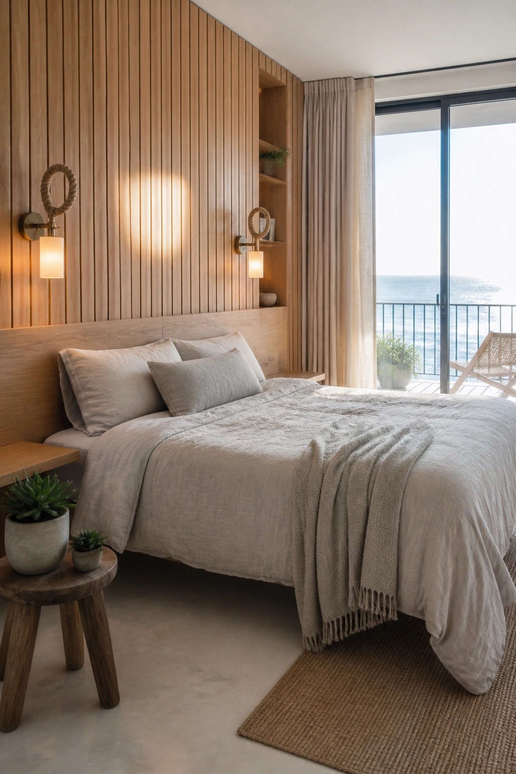 A bedroom with a bed against a vertical light wood slat accent wall, two rope-wrapped wall sconces, and a large glass door opening to an ocean view.