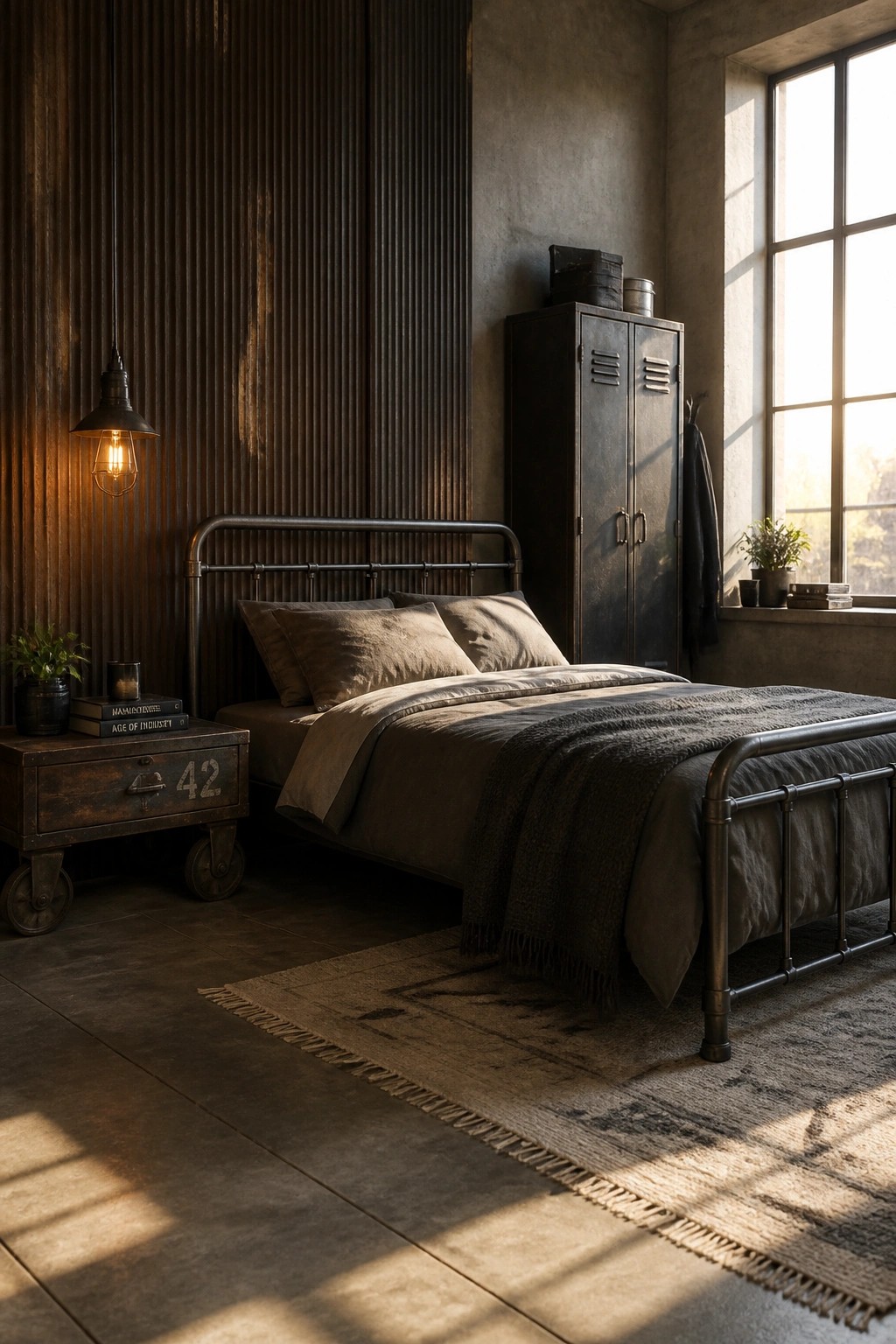A bedroom featuring a dark vertical wood slat accent wall behind a metal bed with neutral bedding, a hanging industrial light, and a large window on the right.