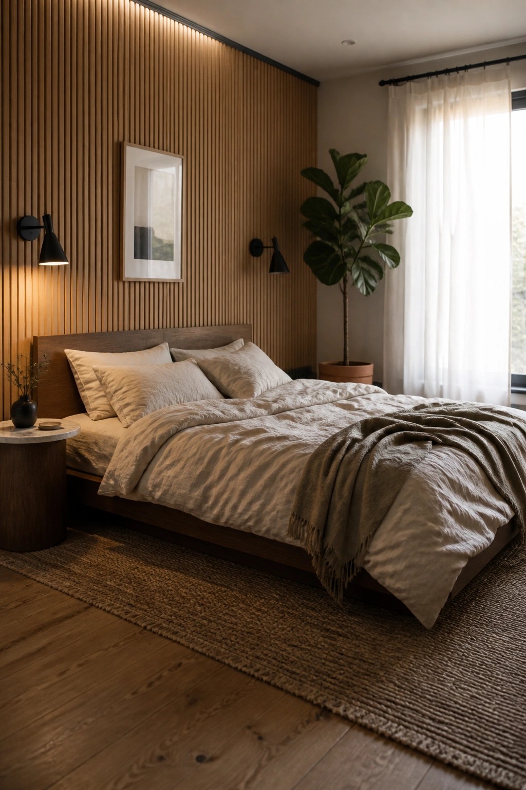 Cozy modern bedroom with wooden bed, neutral linens, slatted wall, and potted plant