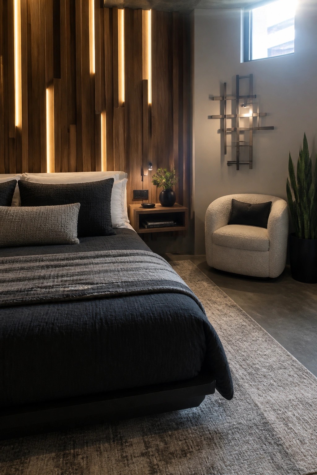 A modern bedroom with a dark wood bed against a vertical wood slat accent wall featuring integrated vertical lighting, a floating nightstand, a white boucle chair, and a potted plant.