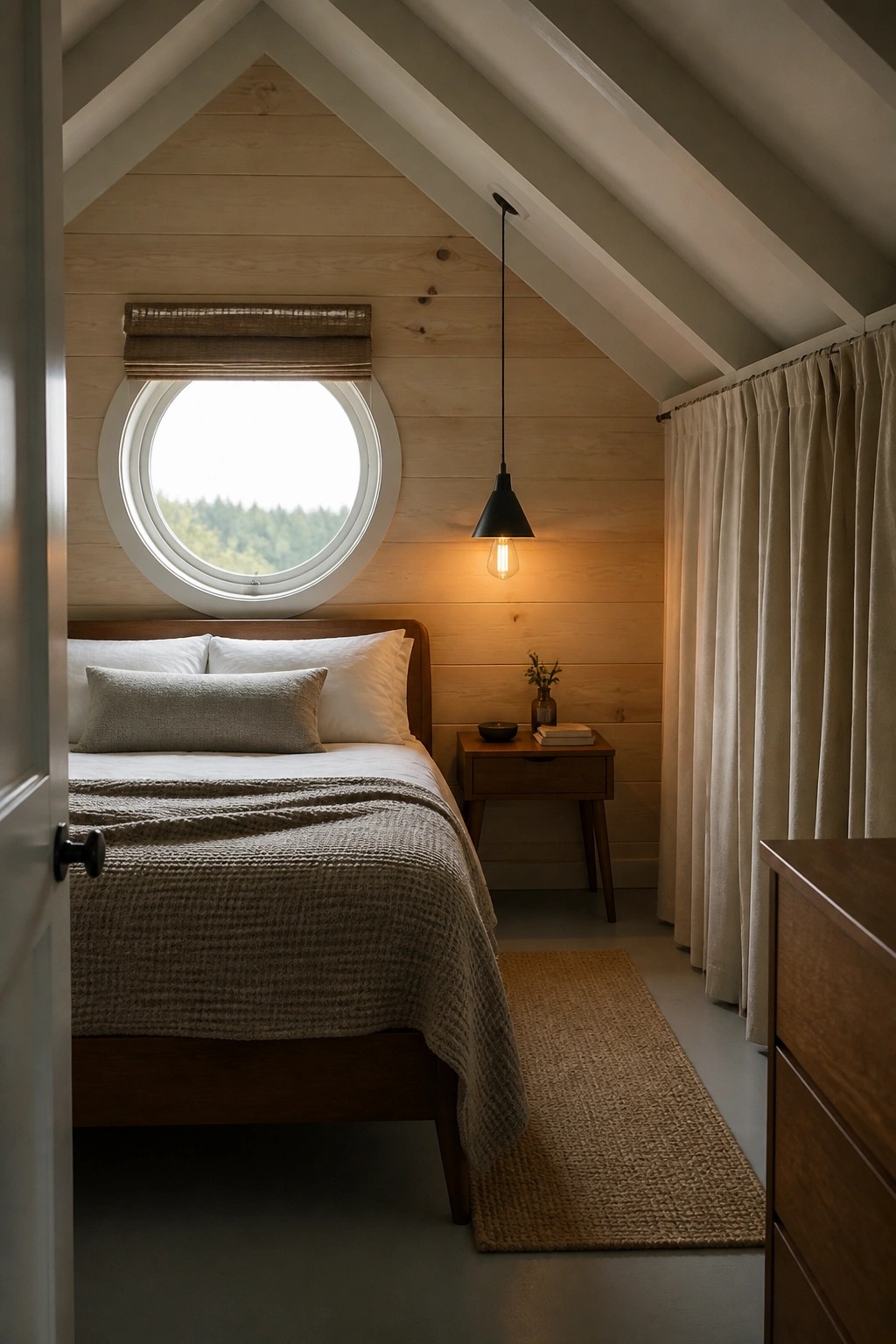 A bedroom interior with light wood paneling covering the walls and sloped ceiling, a round window above the bed, and a hanging pendant light.