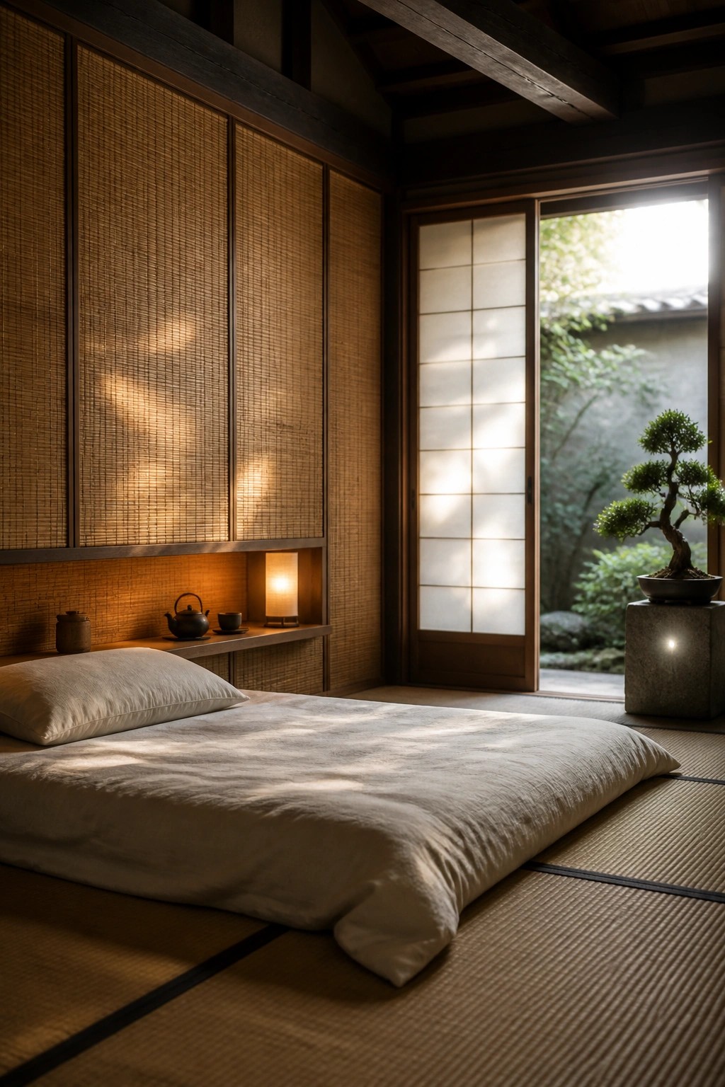 A bedroom interior with tatami mats, a low bed with white bedding, woven wood panel walls, and a recessed shelf holding a small lamp and tea set next to an open shoji door.