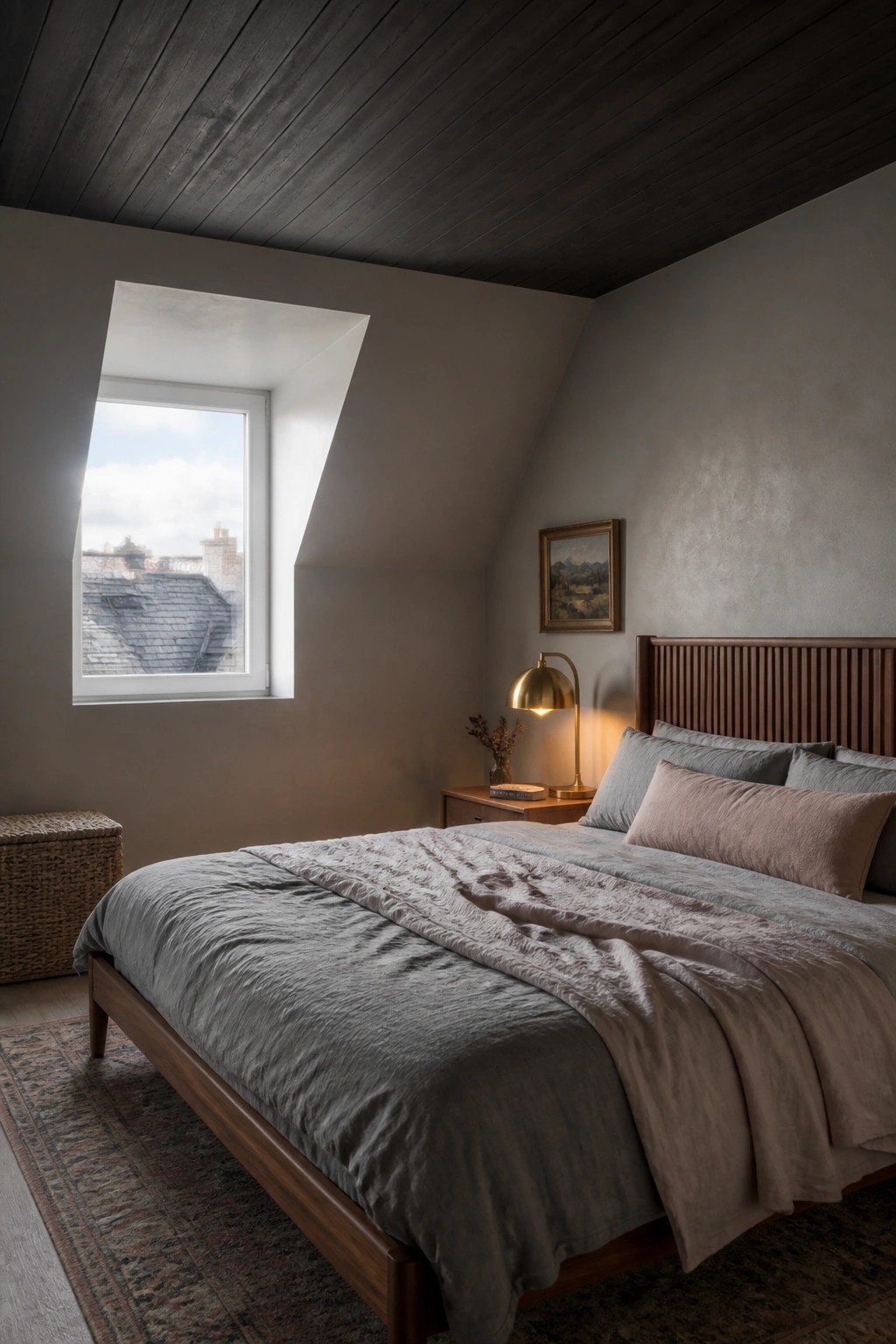 A bedroom interior with a dark wood sloped ceiling, light gray walls, a large bed with rumpled gray and muted pink bedding, a brass lamp on a wooden nightstand, and a window showing rooftops outside.