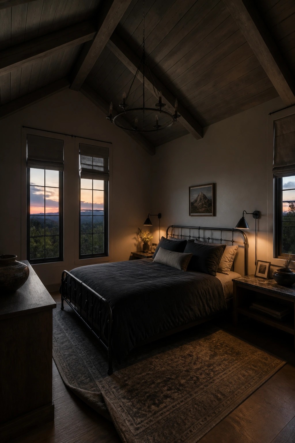 A bedroom interior with a dark wood vaulted ceiling, exposed beams, a metal bed frame, and large windows at dusk.
