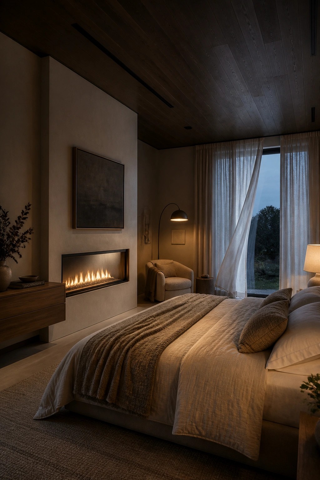 A modern bedroom with a dark wood plank ceiling, a linear fireplace on a beige wall, and a large bed dressed in neutral linens.