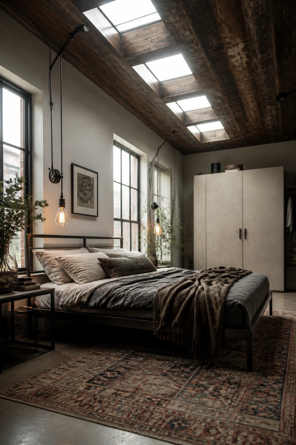 A modern bedroom interior with a dark wood plank ceiling, multiple skylights, black metal bed frame, and large patterned rug.
