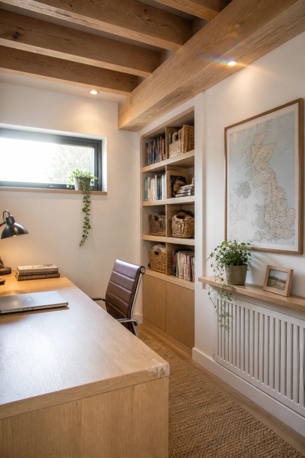 A home office with exposed wooden ceiling beams, a light wood desk, brown leather chair, built-in bookshelves, and a large framed map on the wall.
