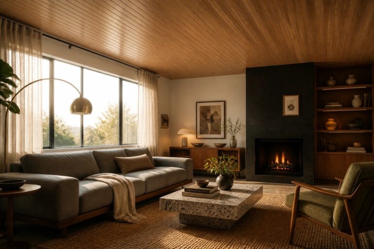 20 Modern Wood Ceiling Ideas for Clean Lines and Contemporary Interiors A living room with a light wood plank ceiling, gray sectional sofa, stone coffee table, and built-in shelves beside a fireplace.