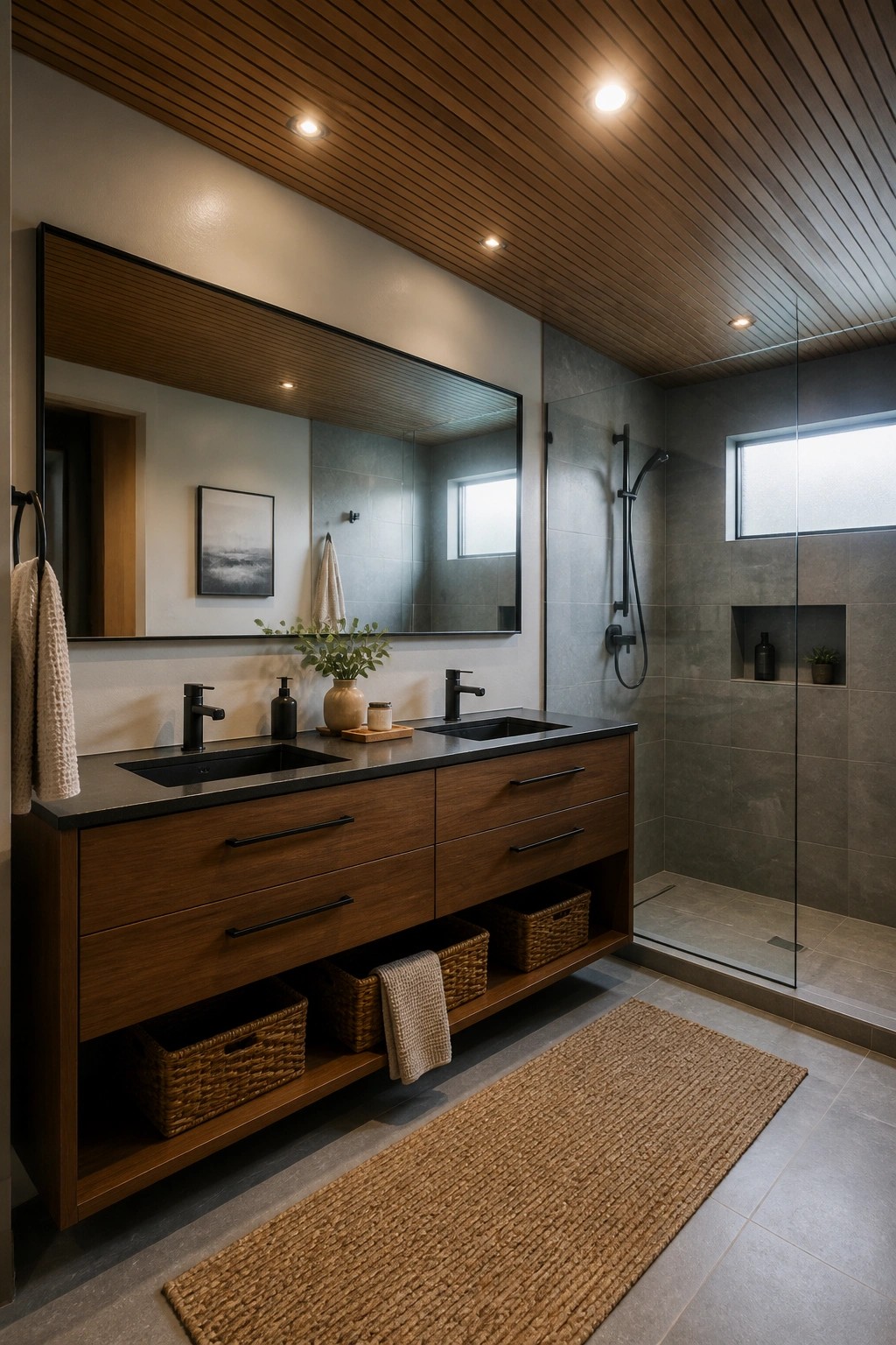 A modern bathroom featuring a wood slat ceiling above a double vanity with black sinks and a glass-enclosed shower.