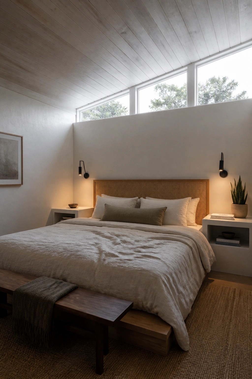 A bedroom featuring a light wood plank ceiling, white walls, a wooden bed with white and beige bedding, wall sconces, and large clerestory windows.