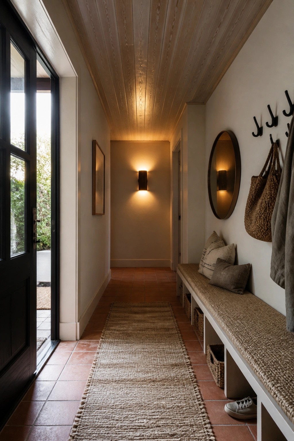 A narrow interior hallway featuring a light wood plank ceiling, terracotta tile flooring, a built-in bench with woven cushion, and a round wall mirror.