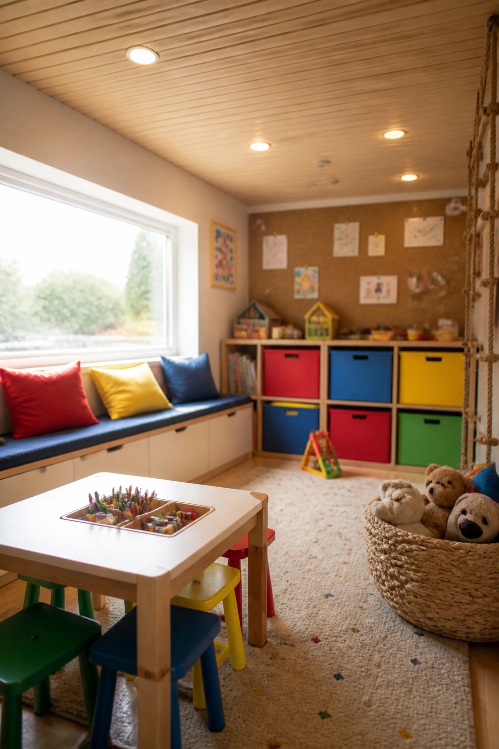A children's playroom with a light wood plank ceiling, colorful toy storage, a small table with art supplies, and a window seat with pillows.