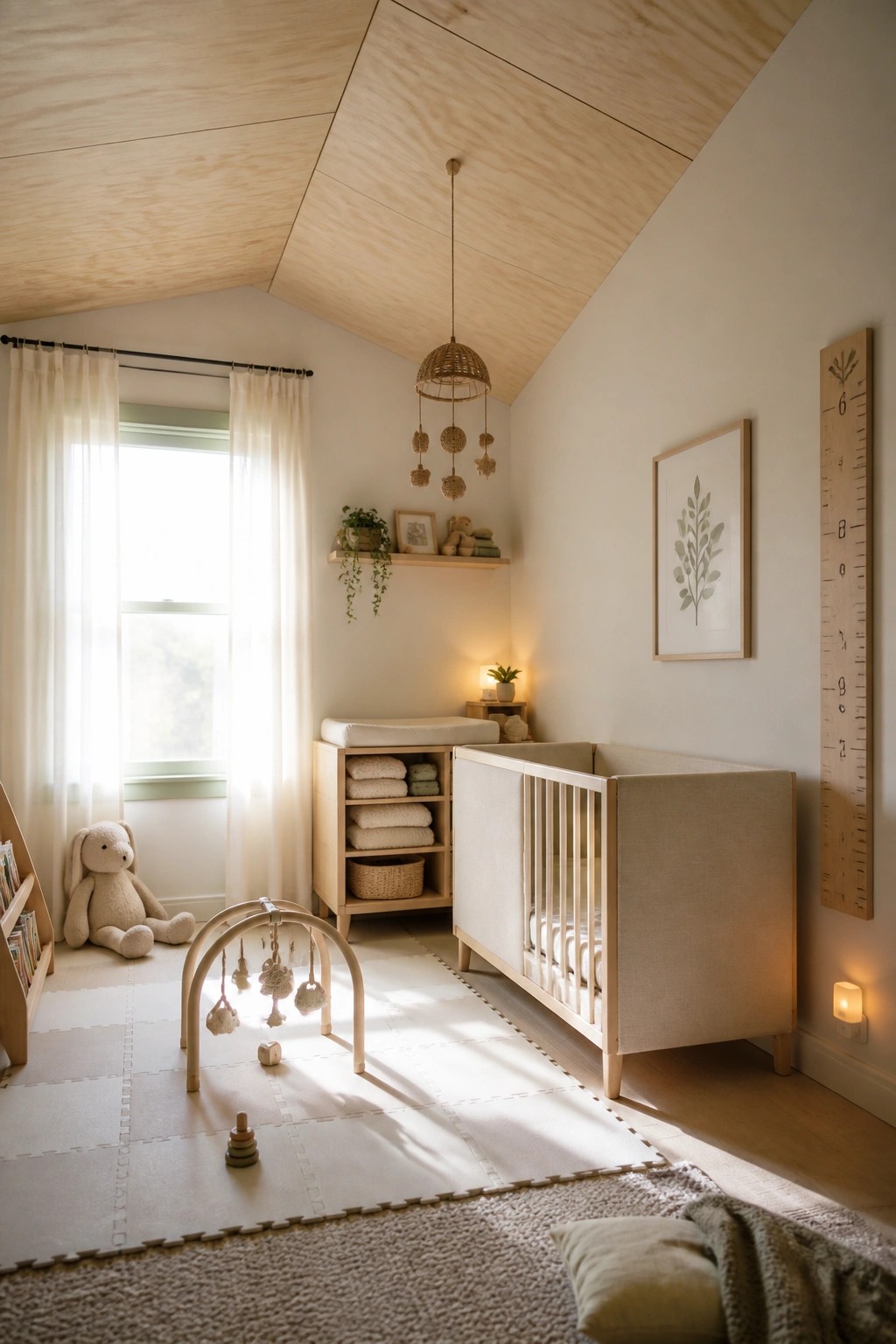 Sunlit minimalist nursery with crib, play mat, toys, and wooden growth chart.
