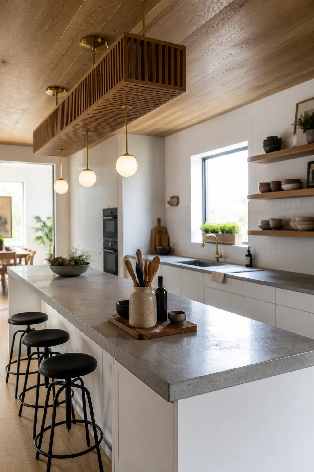 A modern kitchen interior showing a long slatted wood ceiling fixture above a concrete island with black stools and white cabinetry.