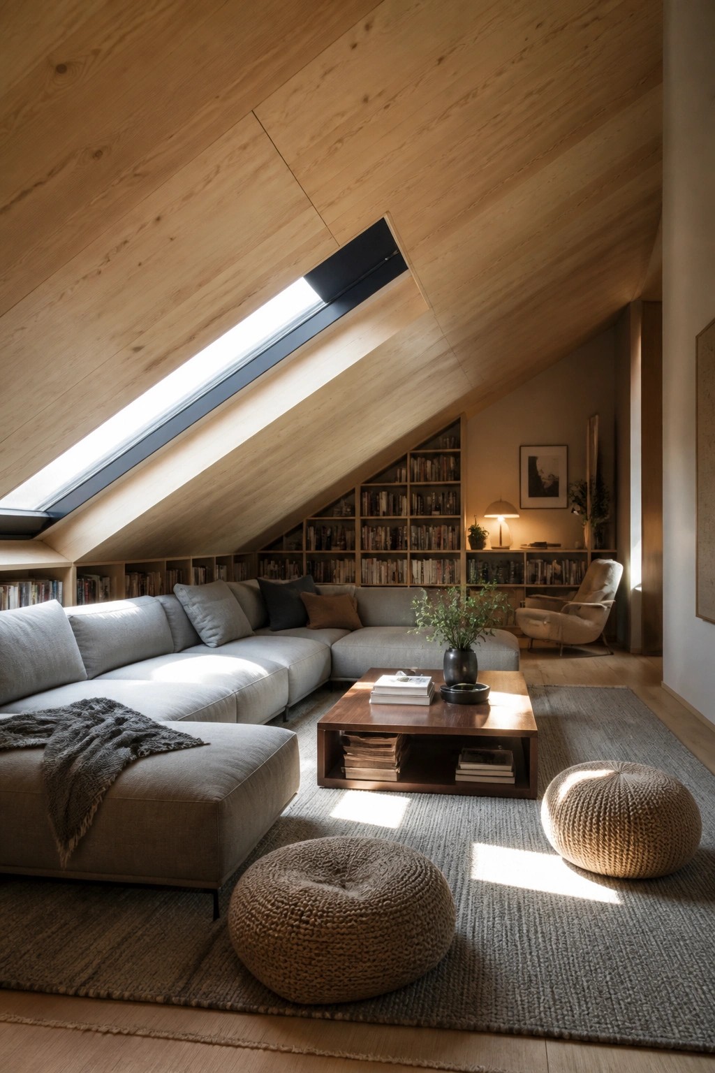 An attic living room with a light wood sloped ceiling, a large skylight, built-in bookshelves, a gray sectional sofa, and a wooden coffee table on a rug.
