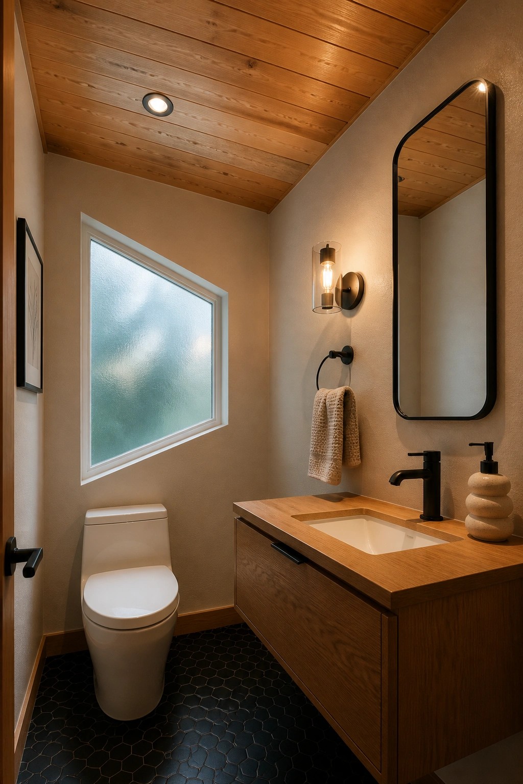 A modern bathroom with horizontal wood plank ceiling, white toilet, wooden vanity, and frosted window.