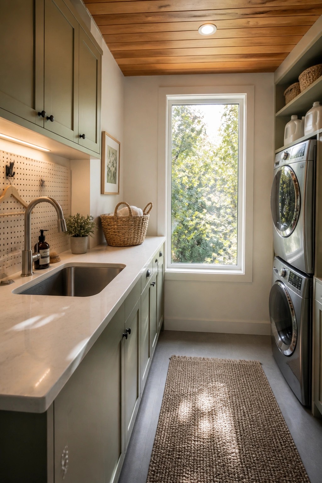 A narrow laundry room featuring sage green cabinets, a white countertop with sink, stacked washer and dryer units, and a wood plank ceiling over a large window.