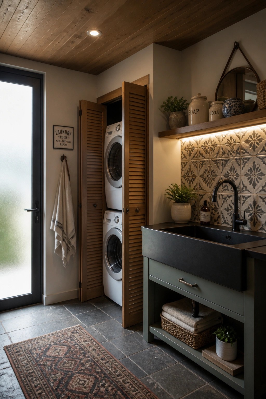 Laundry room interior showing a wood plank ceiling, stacked washer and dryer behind open louvered doors, and a dark sink with patterned tile backsplash.