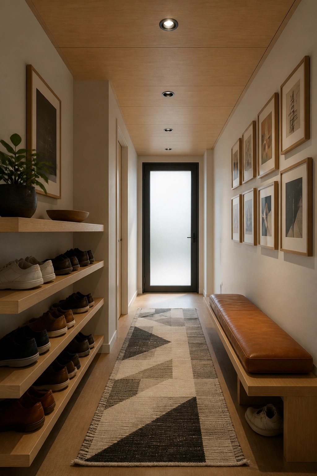 A narrow interior hallway featuring a light wood ceiling with recessed lighting, wooden shoe shelves on the left wall, a brown leather bench on the right, and framed artwork along both sides leading to a black door at the end.