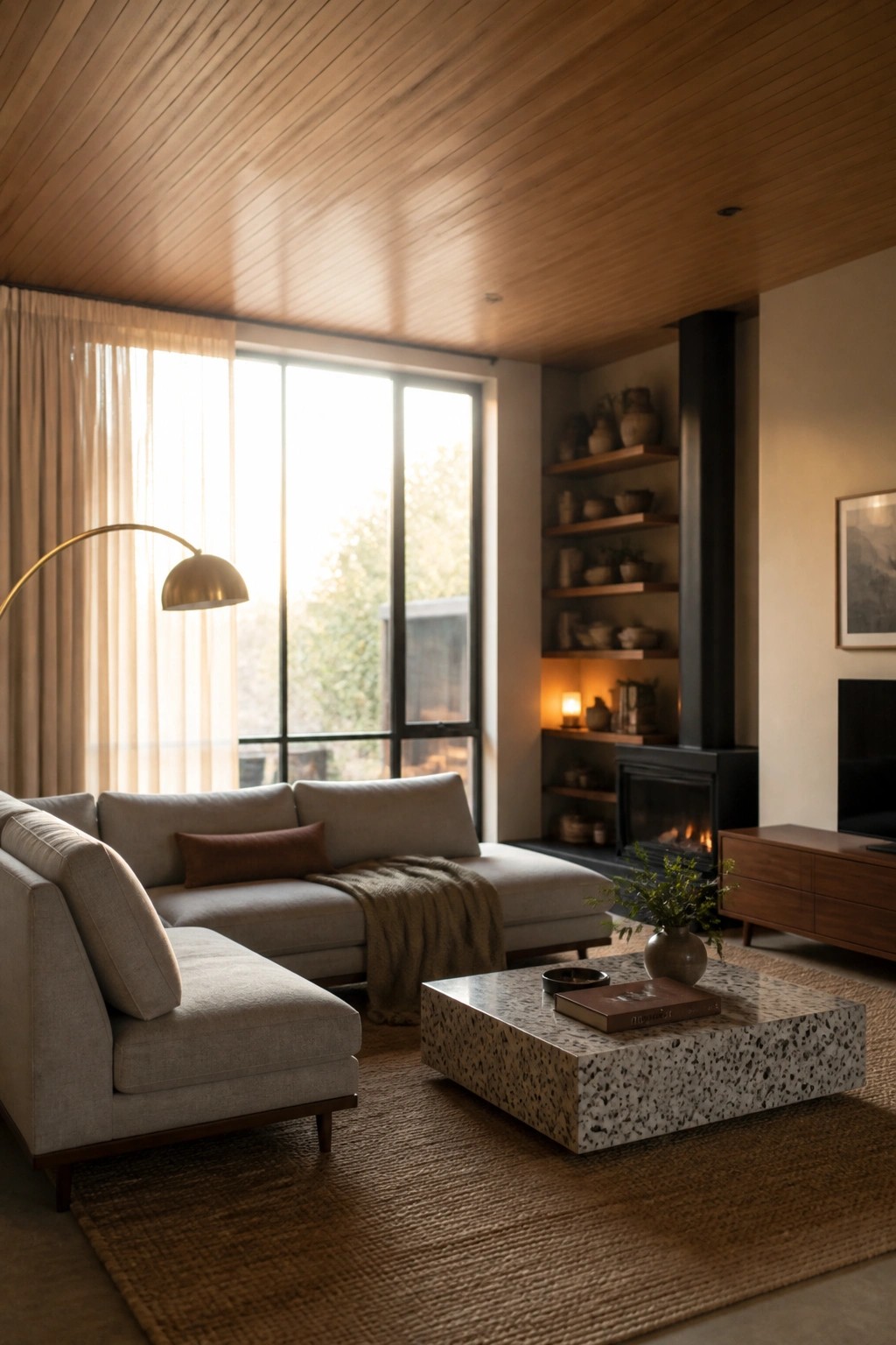 A living room with a light wood plank ceiling, gray sectional sofa, stone coffee table, and built-in shelves beside a fireplace.