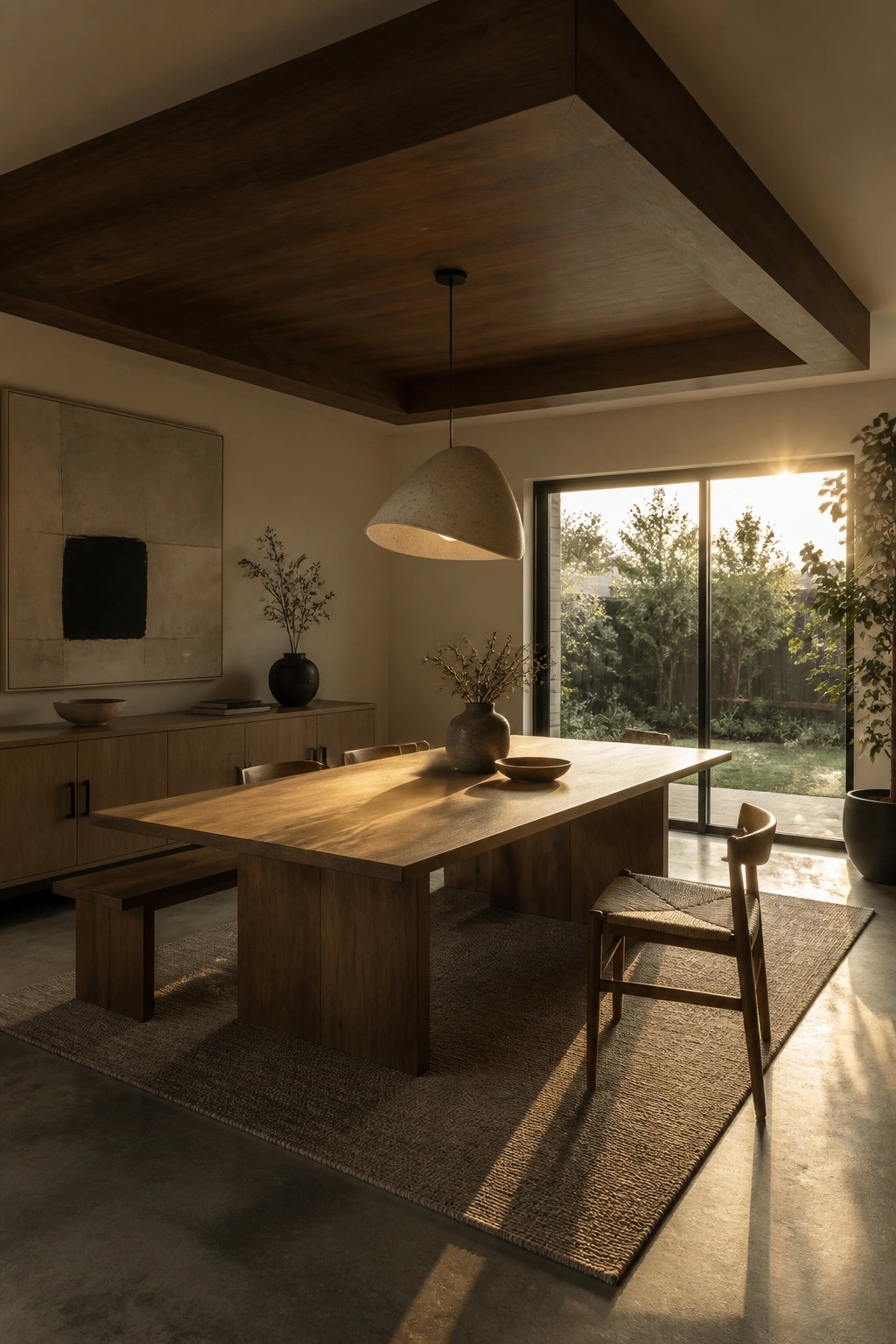 A modern dining room with a dark wood geometric ceiling, a long wooden table on a woven rug, and a large pendant light hanging above it.