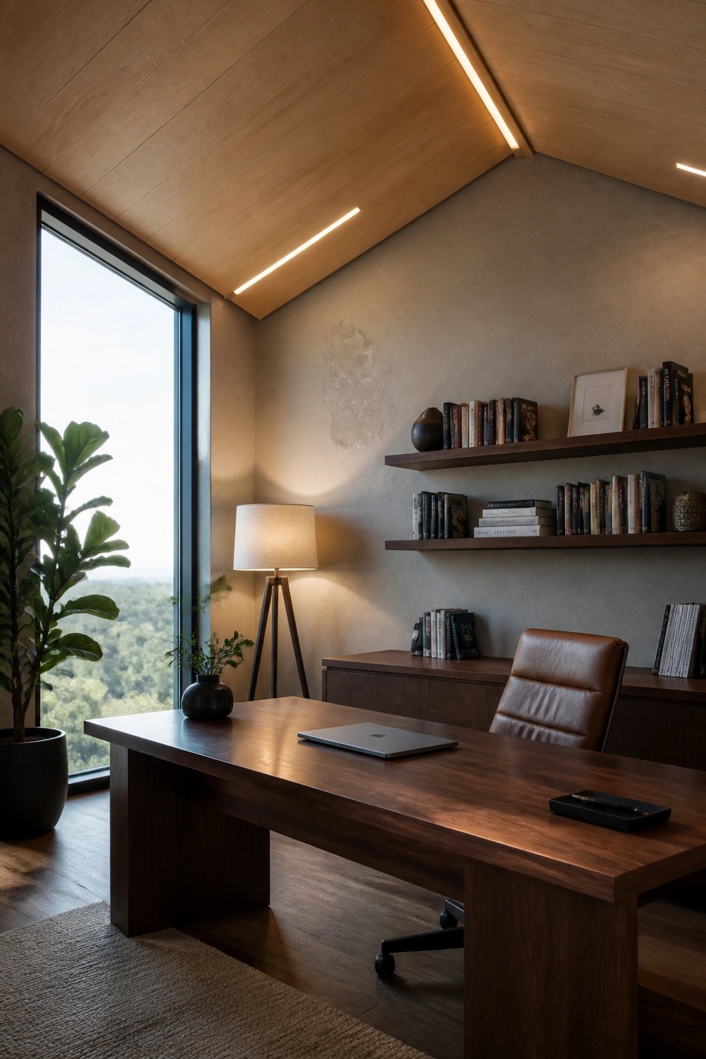 A modern home office featuring a sloped wood ceiling with integrated linear lighting, a large wooden desk, floating shelves with books, and a large window on the left.