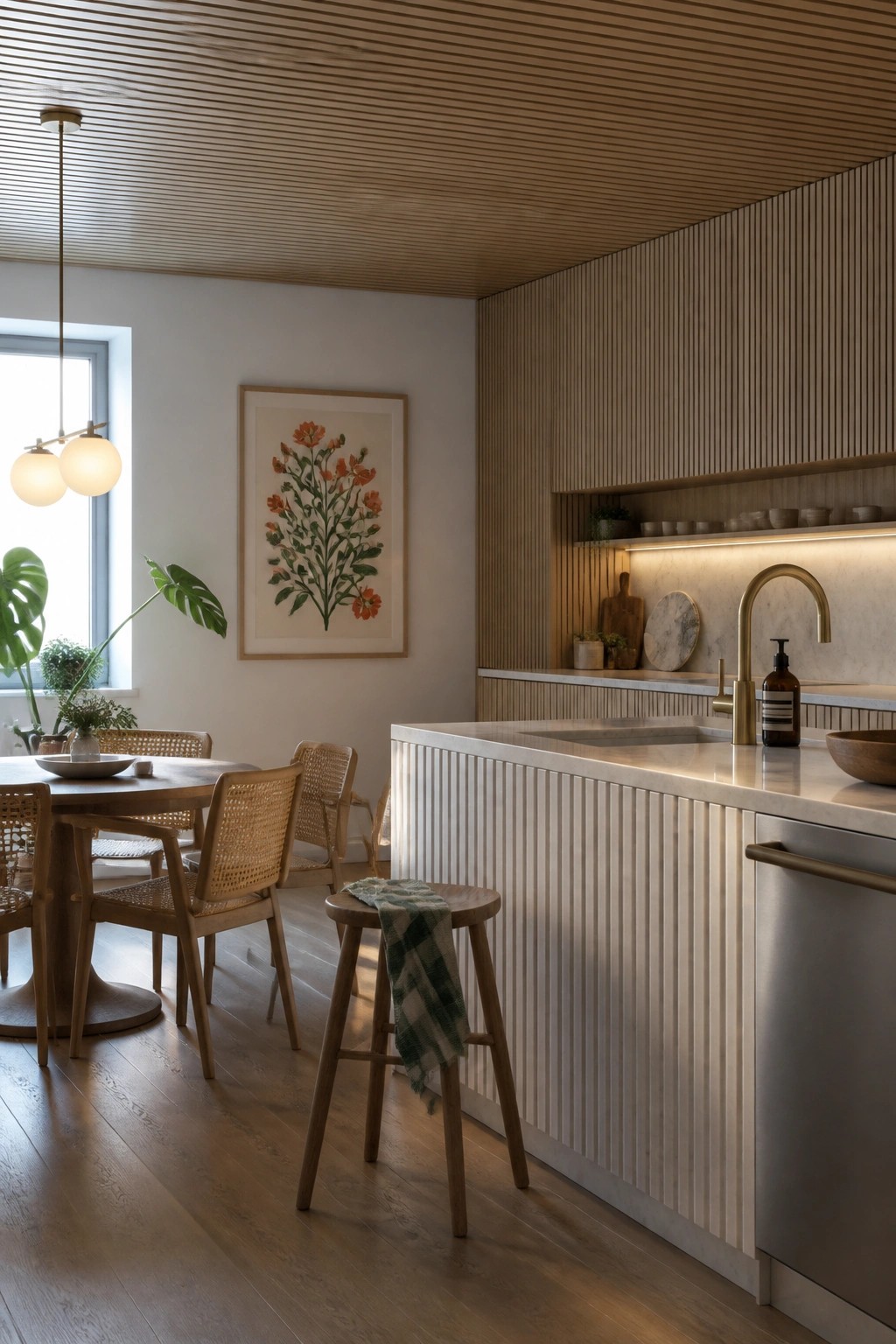 A bright kitchen and dining space with a horizontal wood slat ceiling, white walls, a marble-topped island with a brass faucet, and a round wooden table with woven chairs.
