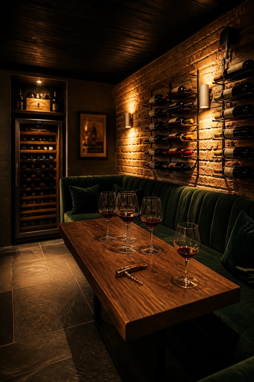 A basement wine room with a dark wood plank ceiling, brick walls holding wine bottles on racks, a green banquette, and a wooden table with wine glasses.
