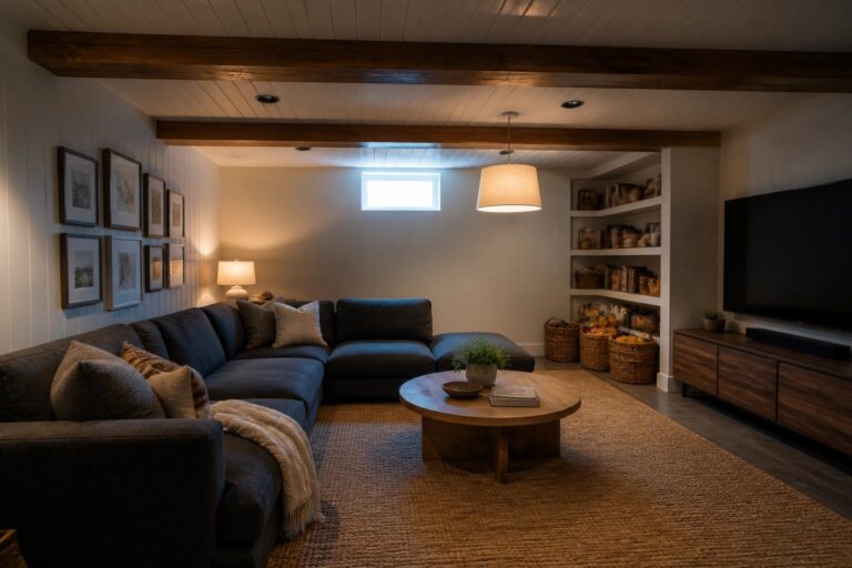 A basement living room with a white wood plank ceiling, a large dark wooden beam, dark sectional sofa, and built-in white shelving.